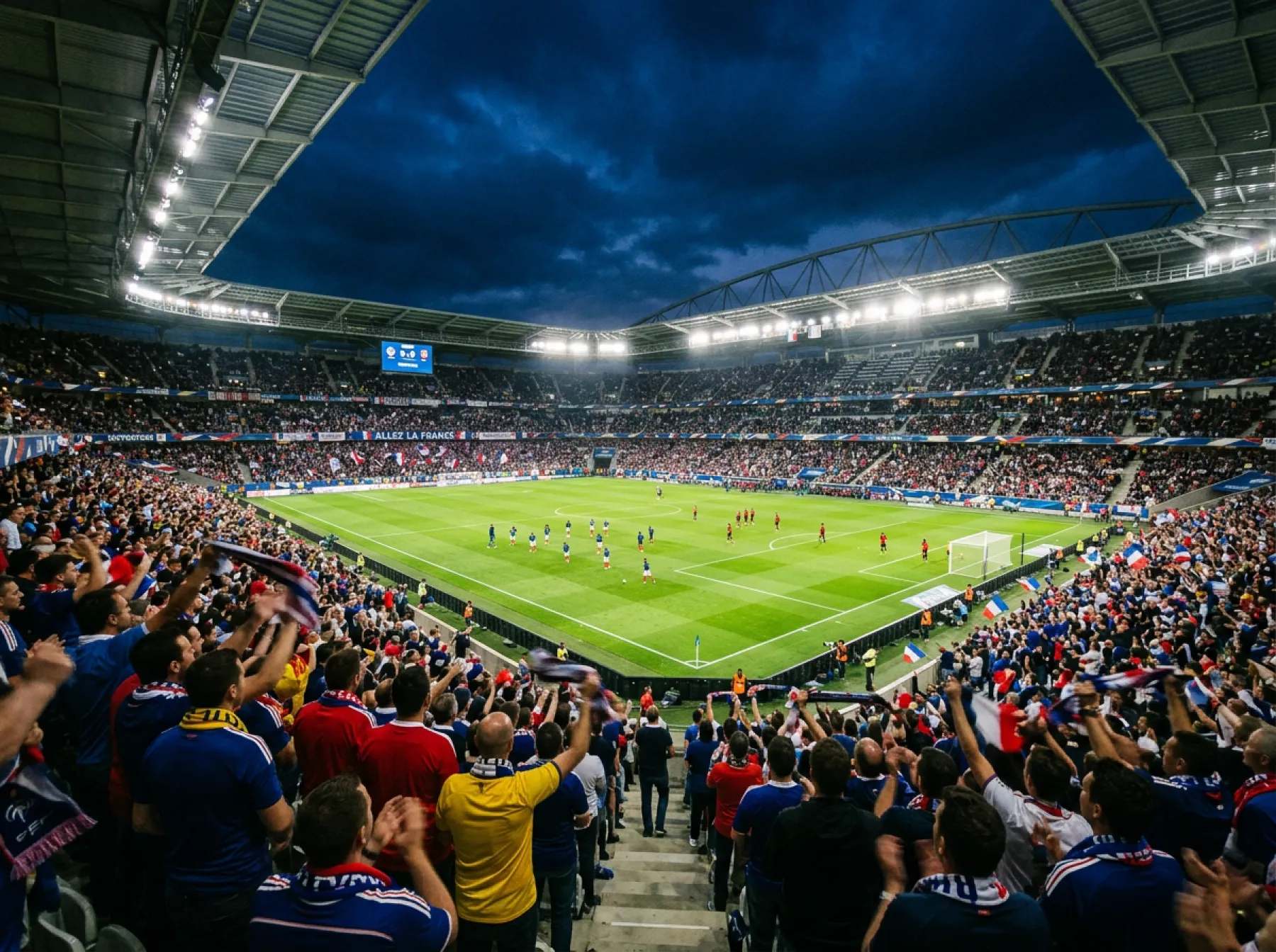 Terrain de football vu depuis les tribunes d'un grand stade avec des supporters portant des écharpes aux couleurs nationales
