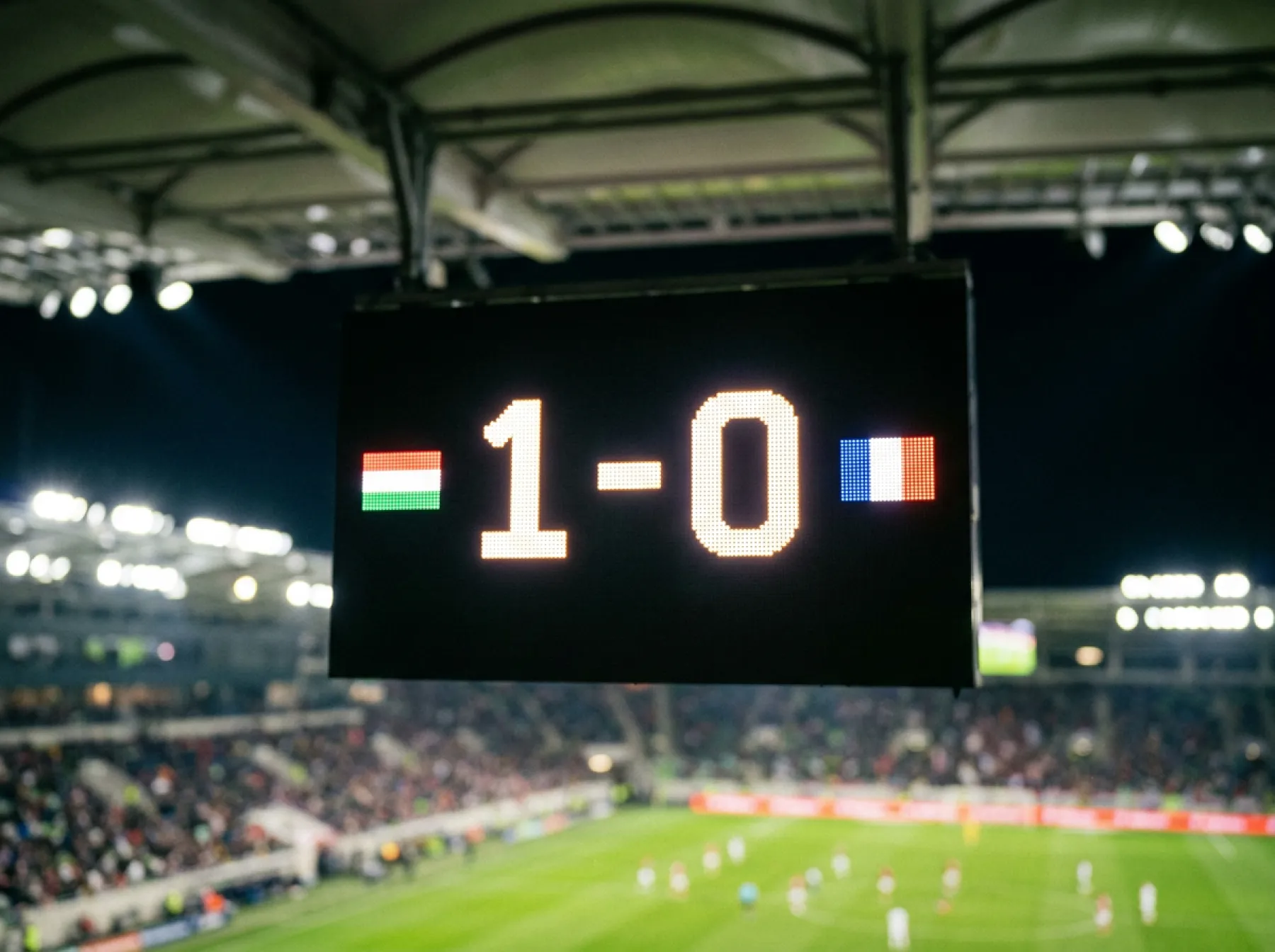 Écran d'affichage dans un stade de football montrant le score d'un match international avec les drapeaux des deux équipes