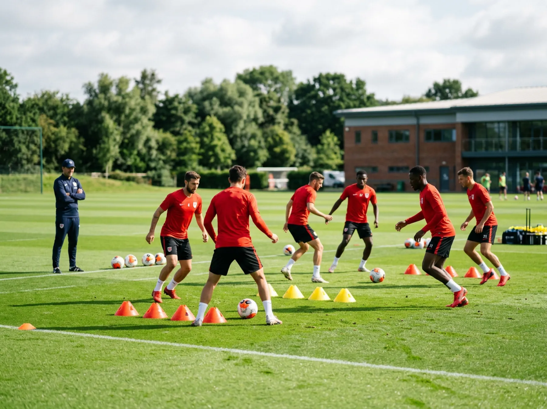 Joueurs de football en maillot rouge lors d'un entraînement sur un terrain verdoyant avec des plots et des ballons