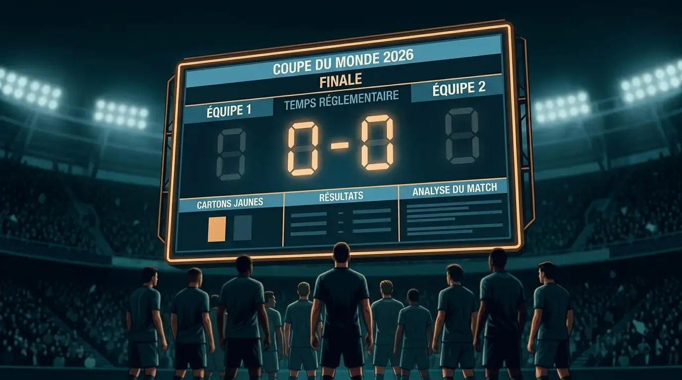 Tableau d'affichage d'un stade de finale de Coupe du monde 2026 la nuit