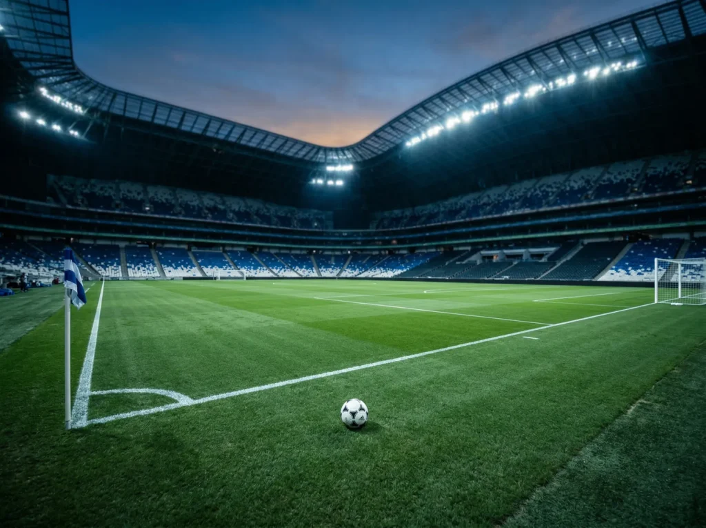Terrain de football aux couleurs bleu blanc rouge de l'équipe de France avant le Mondial 2026