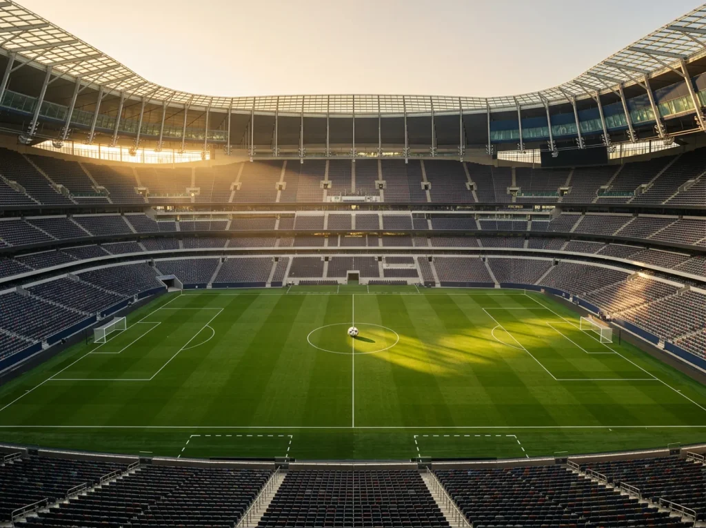 Vue panoramique d'un stade de football américain préparé pour la Coupe du Monde 2026 avec une pelouse verte immaculée