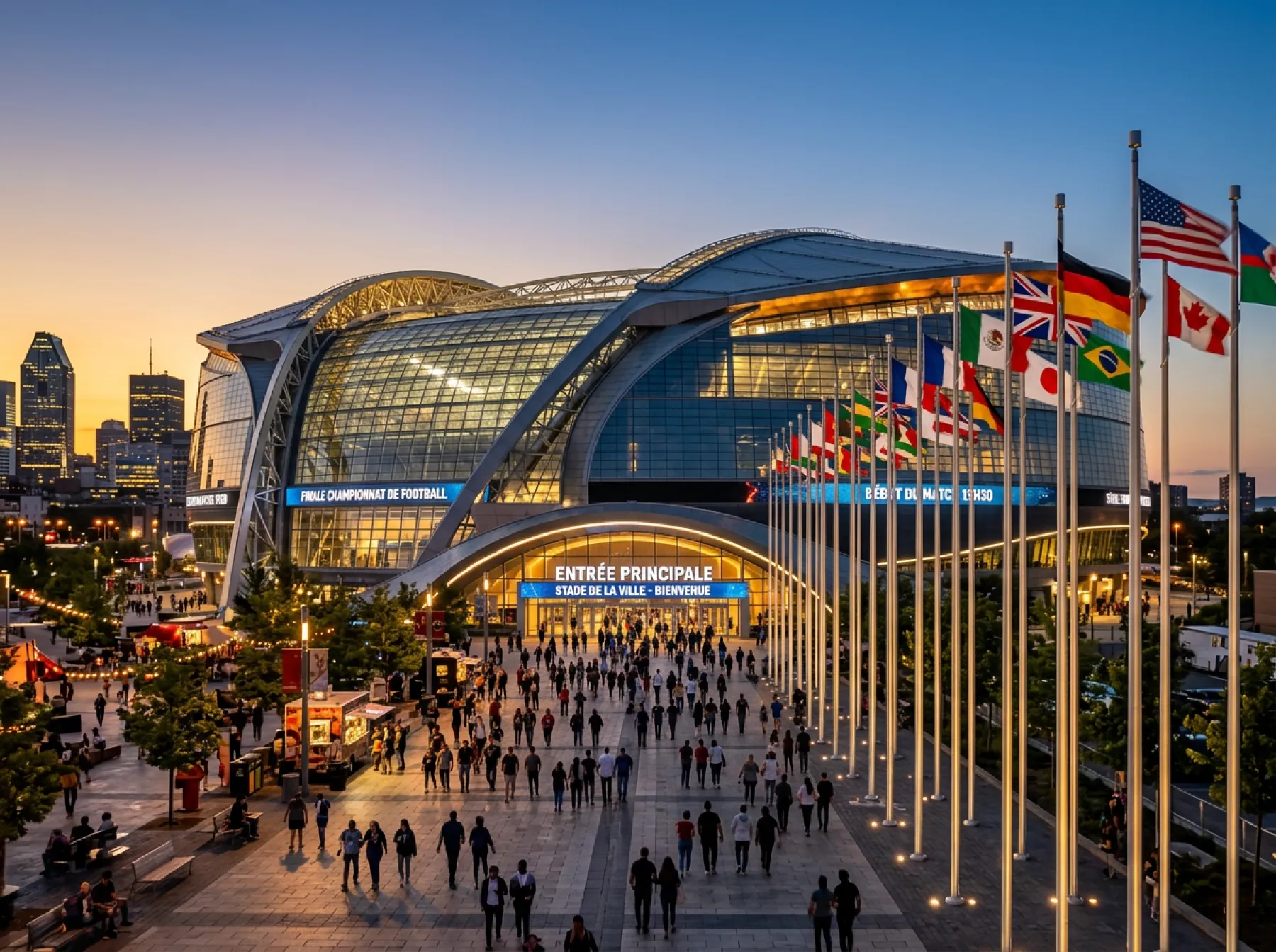 Façade extérieure d'un stade de football moderne aux États-Unis avec des drapeaux internationaux alignés devant l'entrée principale