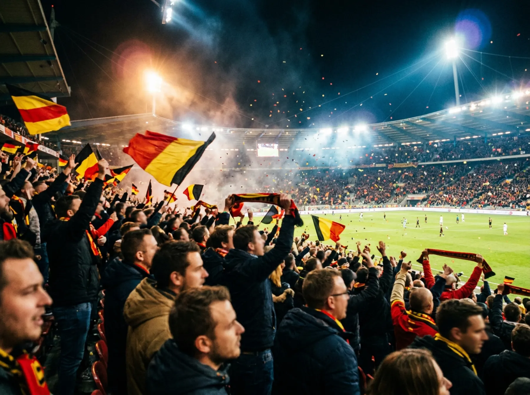 Supporters enthousiastes dans les tribunes d'un stade de football agitant des drapeaux et portant des maillots de leur équipe nationale
